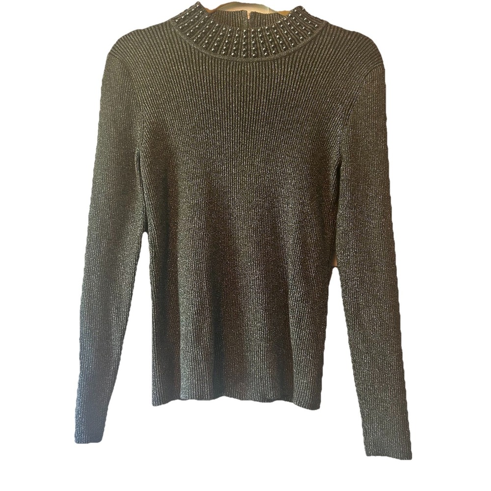 Belldini Sweater Womens Sz L Gray Ribbed Beaded Turtleneck 1/4 Zip Long Sleeves